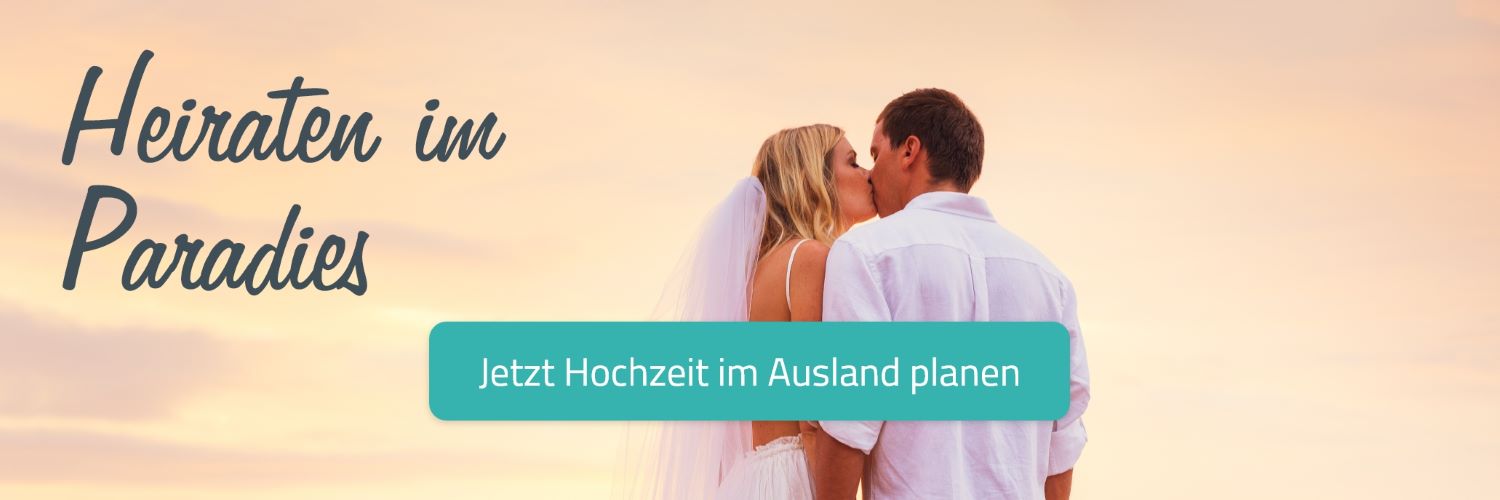 Werbebanner "Heiraten im Paradies" mit Button "Jetzt Hochzeit im Ausland planen"
