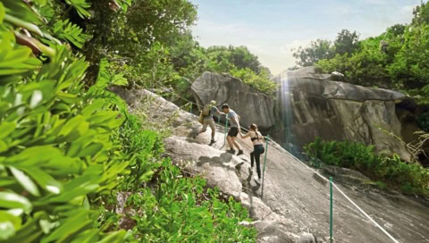 Gruppe von Menschen beim Klettern an einem felsigen Hang mit Seilen als Hilfe.