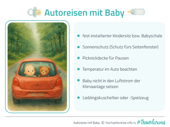 Infografik mit Tipps, was bei einer Autoreise mit einem Baby zu beachten ist