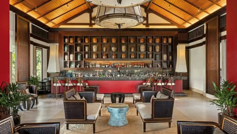 Stilvoll eingerichtete Hotelbar mit Sesseln, hohen Regalen und dekorativen Vasen