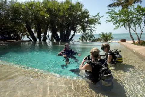 Tauchtraining im Pool mit Blick auf das Meer und Palmen im Hintergrund