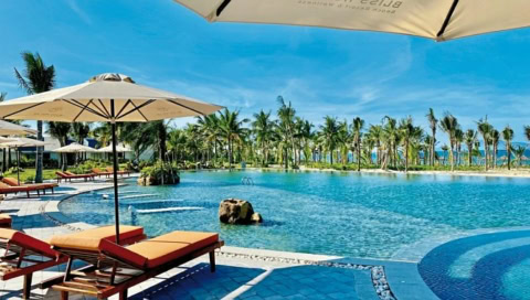 Großer Pool mit Sonnenliegen und Palmen, Blick Richtung Meer