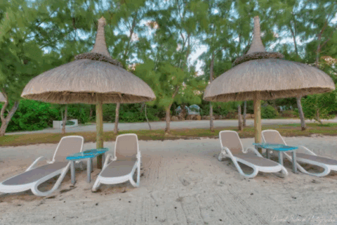 Zwei Liegen und zwei strohgedeckte Sonnenschirme am sandigen Strandbereich