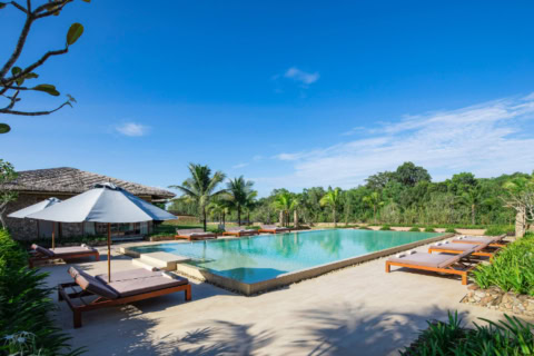 Pool mit Liegen und Sonnenschirmen