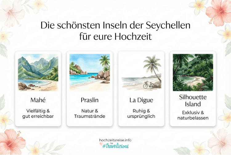 Die schönsten Inseln der Seychellen für Hochzeiten mit Mahé, Praslin, La Digue und Silhouette Island im Vergleich