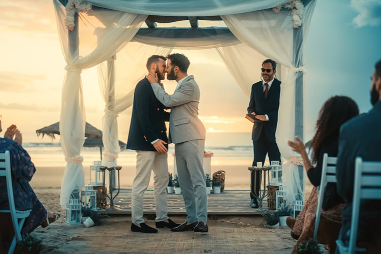 Ein schwules Paar küsst sich bei ihrer Trauung am Strand.
