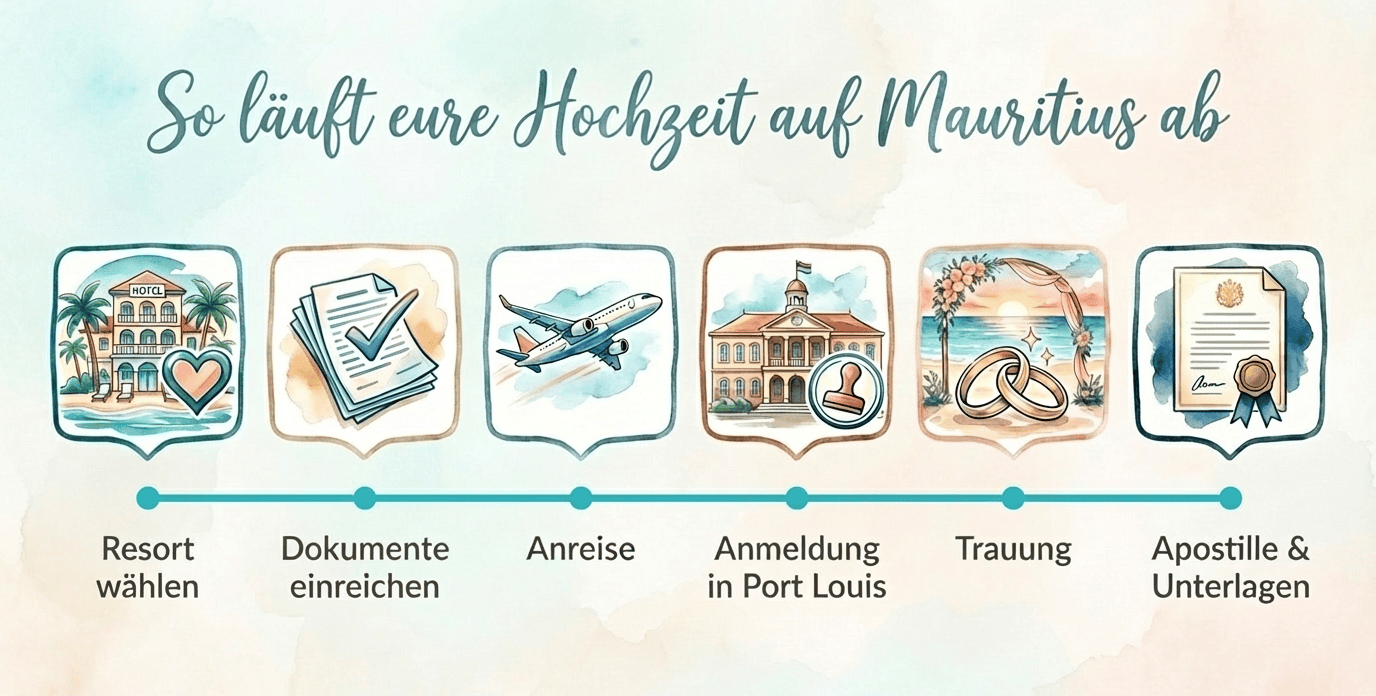 Ablauf einer Hochzeit auf Mauritius in sechs Schritten – dargestellt in aquarellartigen Symbolen