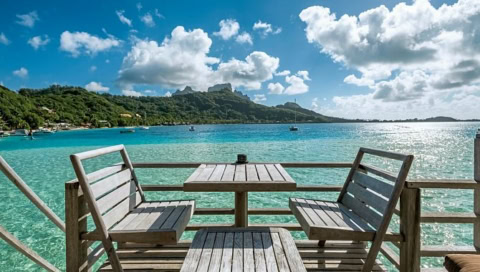 Tisch und Stühle auf Veranda am Strand