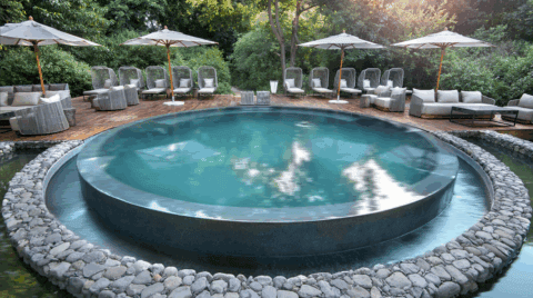 Runder Infinity-Pool mit Holzterrasse und Liegen im Grünen