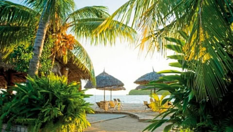 Poolliegen und Schirme am Strand