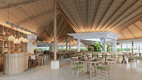 offenes Restaurant unter großem Strohdach