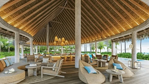 offenes Restaurant unter großem Strohdach