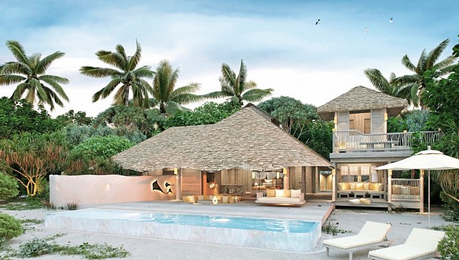 Außenansicht der Beach Hideaway Villa im Soneva Secret mit privatem Pool und tropischer Gartenlage