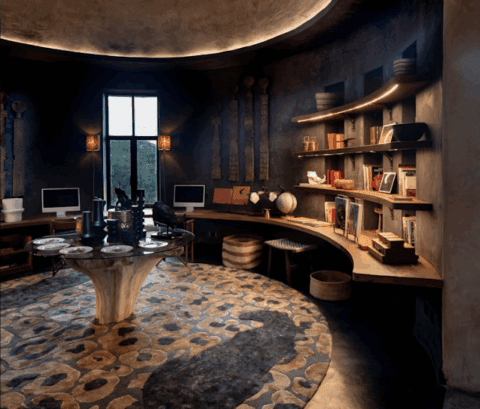 Gemütlicher Aufenthaltsraum mit Bibliothek, Naturmaterialien und warmem Licht